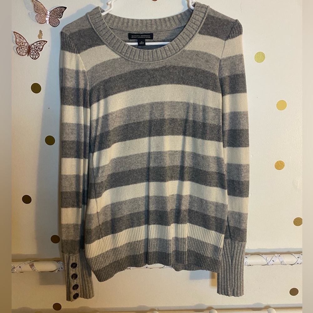 Grey striped sweater with button sleeves